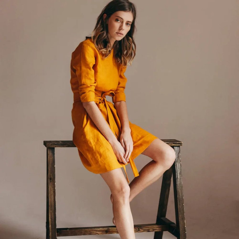 Linen dress, bridesmaid dress, wrap linen dress, boho dress, yellow linen dress
